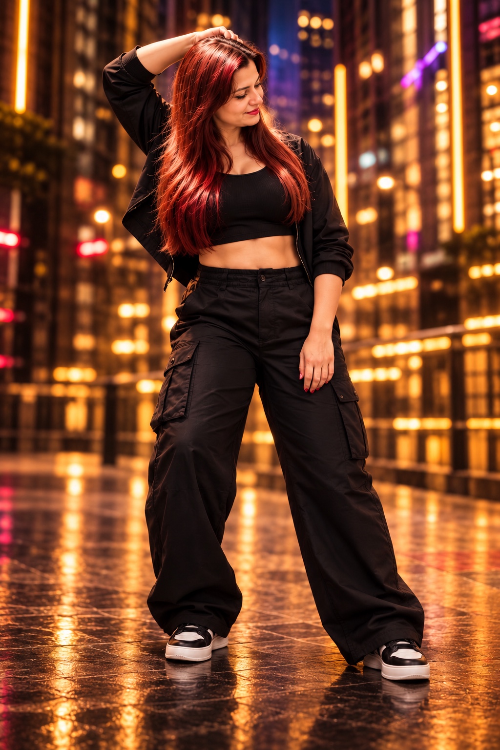 Full-body dance portrait of Swati in black clothes against a warm city backdrop